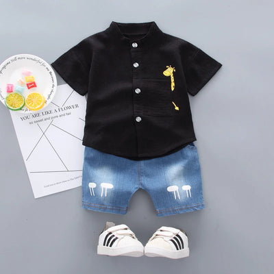 Toddler Boys' Cartoon Shirt and Denim Shorts Outfit Set