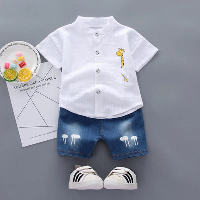 Toddler Boys' Cartoon Shirt and Denim Shorts Outfit Set