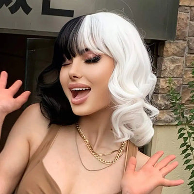 Cruella Black and White Wavy Mid-Length Cosplay Wig with Bangs