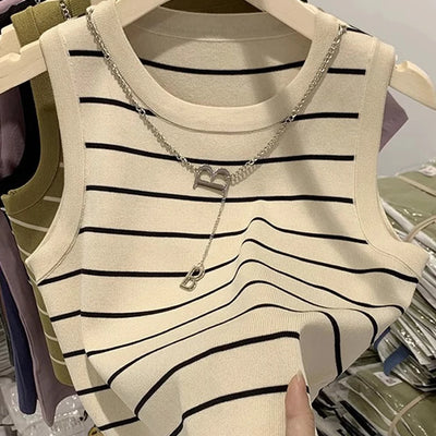 Women's Striped Knit Sleeveless Waistcoat Top
