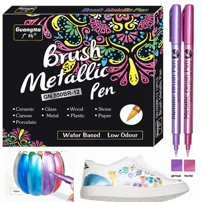 Metallic Paint Marker Brush Pens 12 Colors Multi-Surface