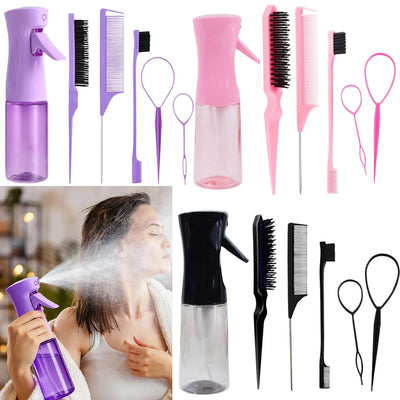 6-Piece Hair Styling Comb Set with Spray Bottle Pink