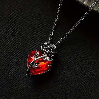 Red Crystal Heart and Black Rose Pendant Necklace