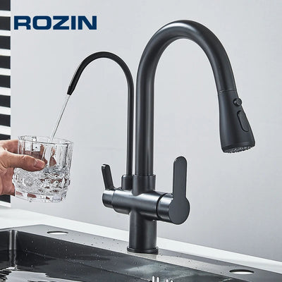 360 Rotating Black Kitchen Faucet with Water Filter