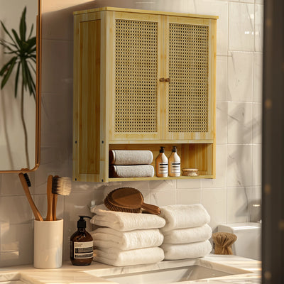 Wall Mounted Wooden Storage Cabinet with Rattan Doors