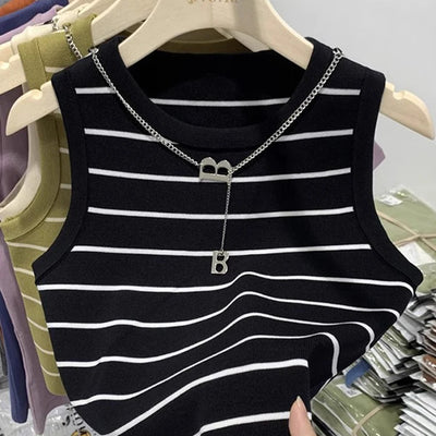 Women's Striped Knit Sleeveless Waistcoat Top
