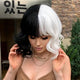 Cruella Black and White Wavy Mid-Length Cosplay Wig with Bangs
