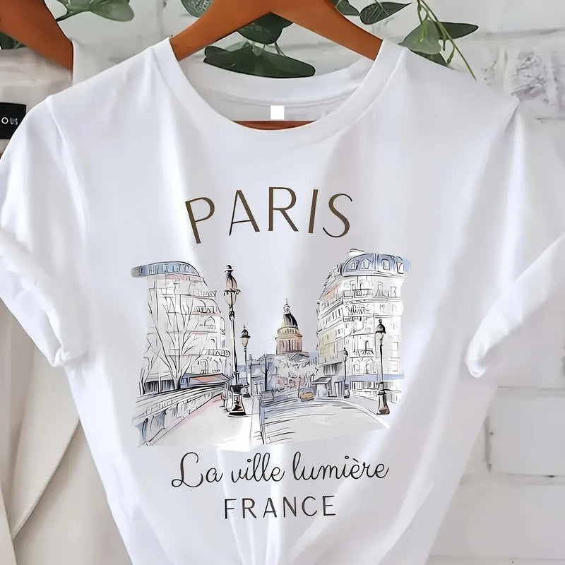 Women's Paris Print Short Sleeve Crew Neck Tee