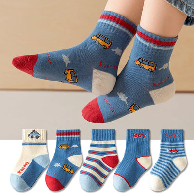 Kids' Cartoon Animal Print Cotton Socks 5-Pack