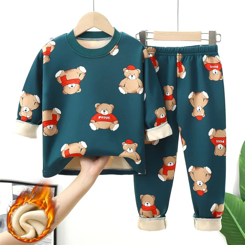 Kids' Warm Velvet Print Pajama Set Ages 1-14