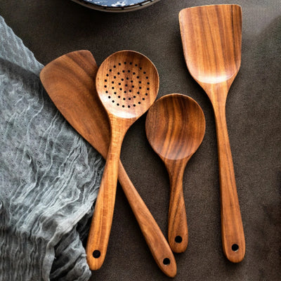 Wooden Kitchen Cooking Utensil Set with Storage Bucket