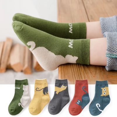 Kids' Cartoon Cat Pattern Socks 5-Pack