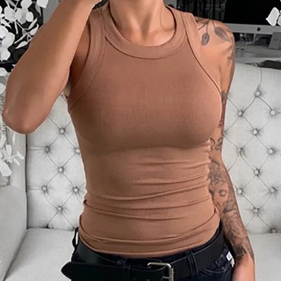 Women's Solid Ribbed Elastic O-Neck Tank Top