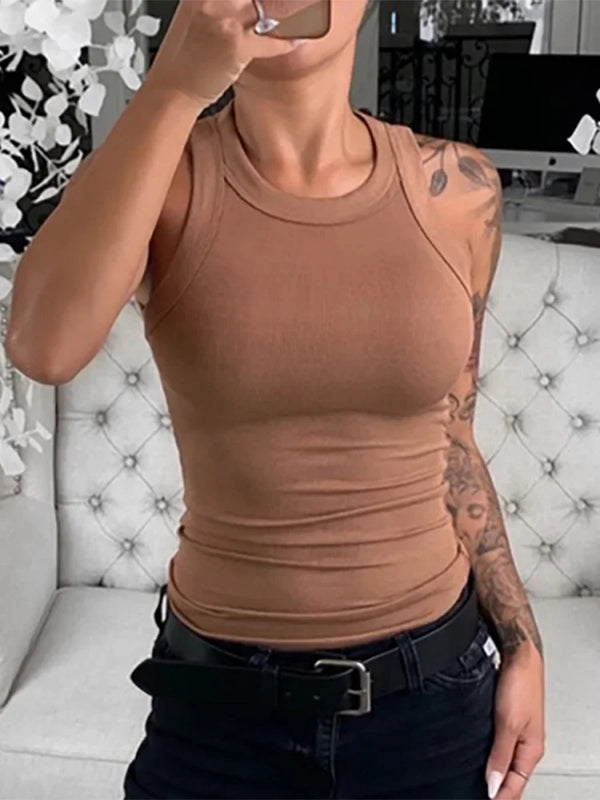 Women's Solid Ribbed Elastic O-Neck Tank Top