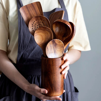 Wooden Kitchen Cooking Utensil Set with Storage Bucket