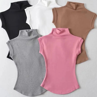 Women's Turtleneck Sleeveless Slim Fit Solid Tee