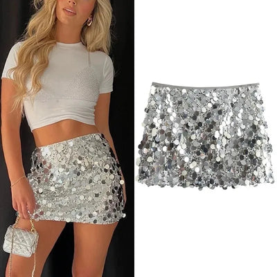 Women's Silver Sequin High-Waist Y2K Mini Skirt