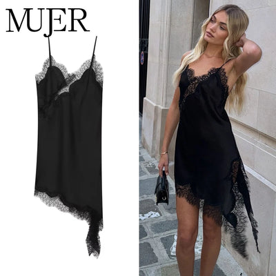 Women's Lace Trim Backless Satin Slip Dress