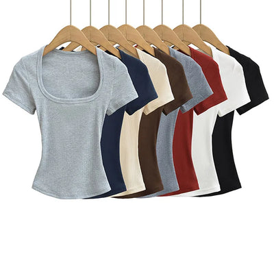Women's Square Collar Slim-Fit Stretch Crop Top