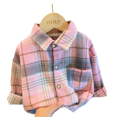 Kids' Retro Plaid Lapel Long Sleeve Shirt
