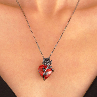 Red Crystal Heart and Black Rose Pendant Necklace