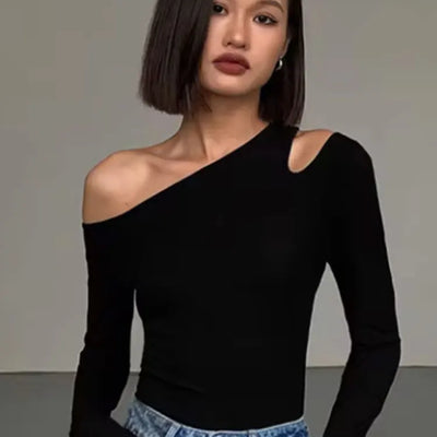 Women's Off-Shoulder Hollow-Out Long Sleeve Crop Top