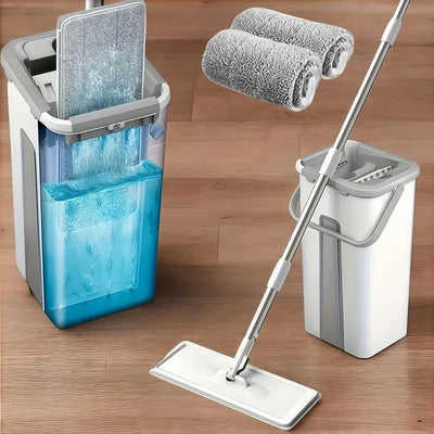 Hands-Free Flat Mop and Bucket Set with 4 Microfiber Pads