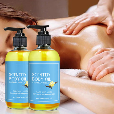 Stress Relief Vanilla Massage Oil - Deeply moisturizes, soothes muscles & promotes relaxation. Herbal bath & body care formula.