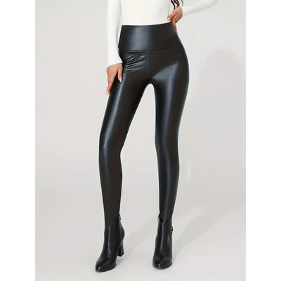 Women's High-Waist Faux Leather Elastic Trousers
