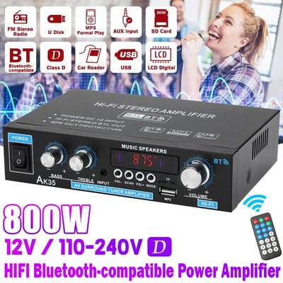 800W 2-Channel Bluetooth 5.0 HiFi Mini Stereo Amplifier