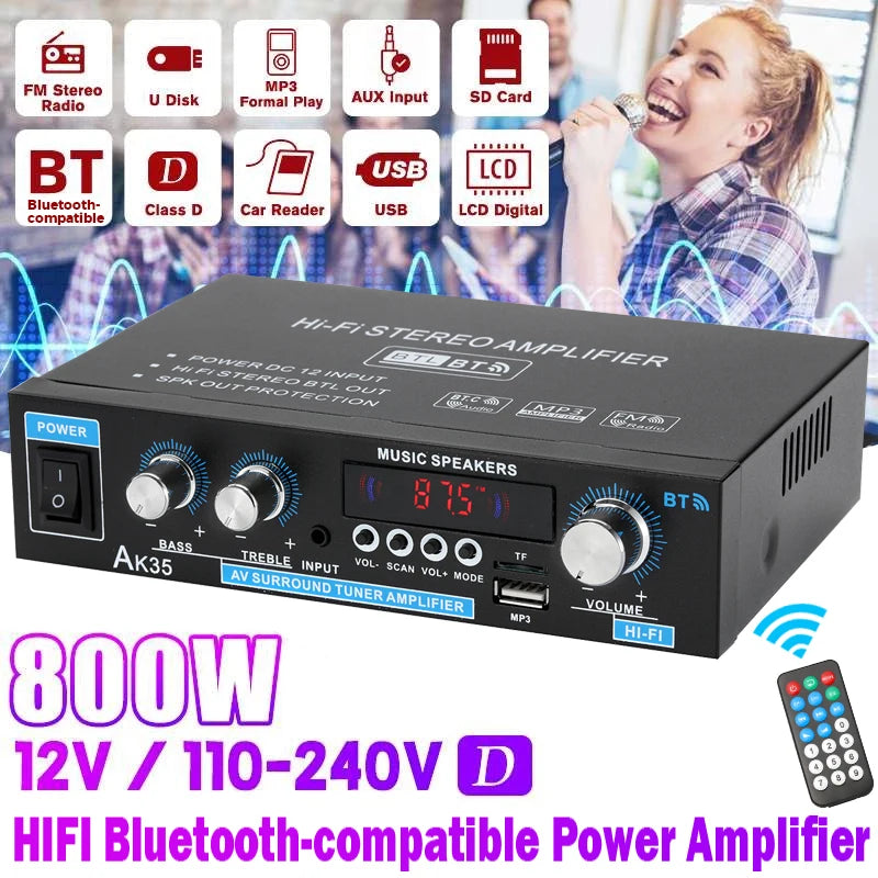 800W 2-Channel Bluetooth 5.0 HiFi Mini Stereo Amplifier