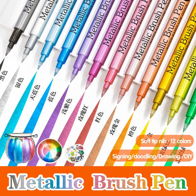 Metallic Paint Marker Brush Pens 12 Colors Multi-Surface
