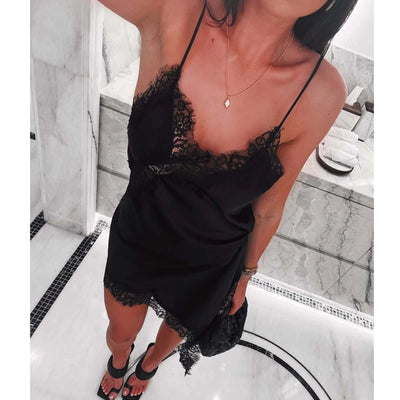 Women's Lace Trim Backless Satin Slip Dress