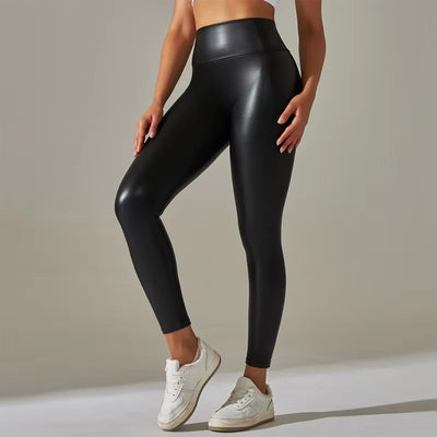 Women's High-Waist Faux Leather Elastic Trousers