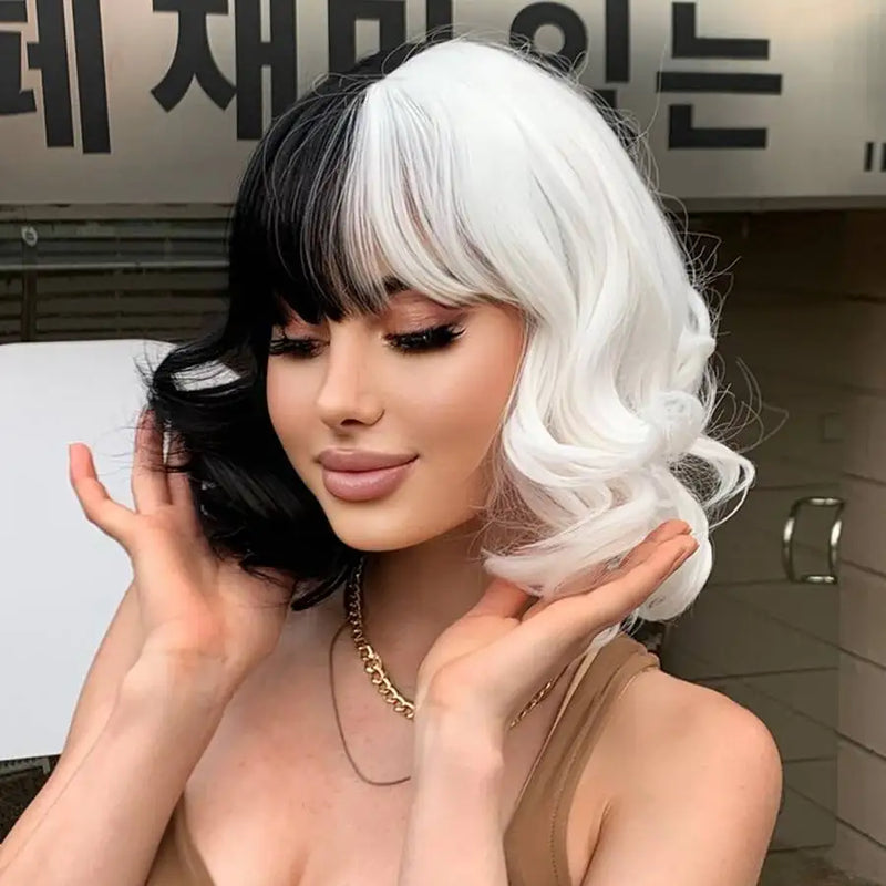 Cruella Black and White Wavy Mid-Length Cosplay Wig with Bangs