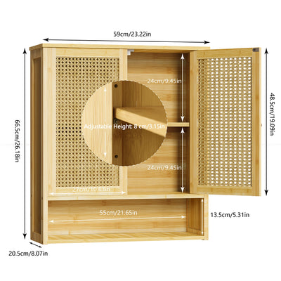 Wall Mounted Wooden Storage Cabinet with Rattan Doors