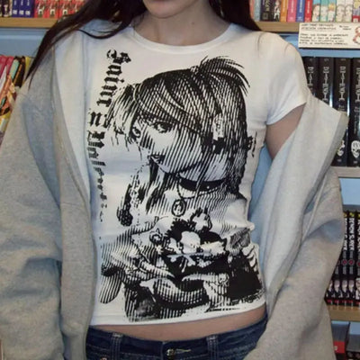 Women's Y2K Anime 90s Text Print Harajuku Crop Tee