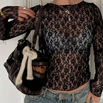 Women's Sheer Lace Long Sleeve Crop Top